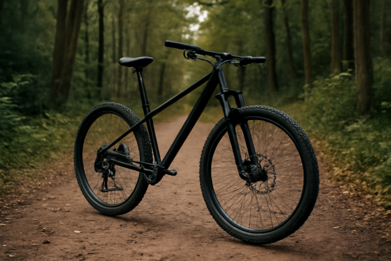 vélo tout-terrain posé sur chemin forestier