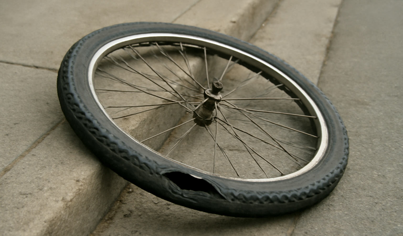 pneu de vélo percé sur trottoir