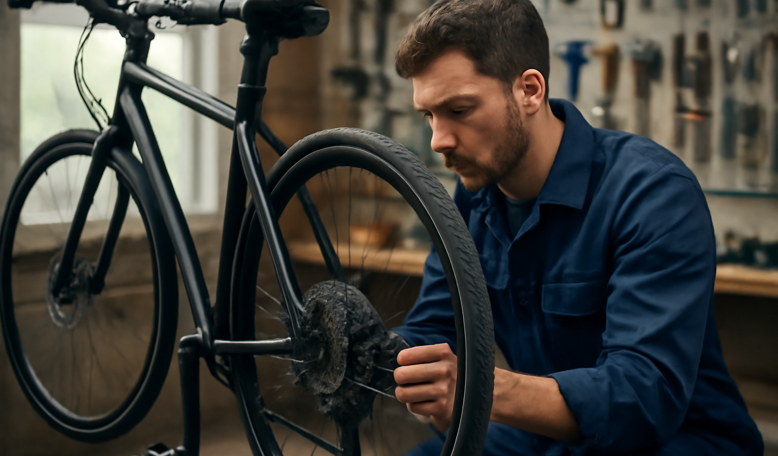 mécanicien vérifiant un vélo fixé sur un pied