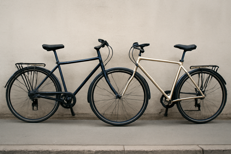 deux velos urbains appuyes cote a cote