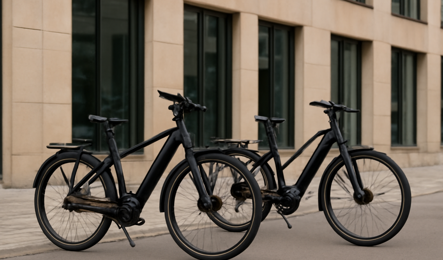 deux vélos électriques alignes devant immeuble