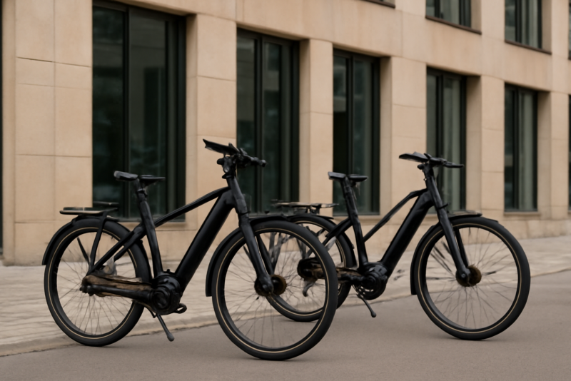deux vélos électriques alignes devant immeuble
