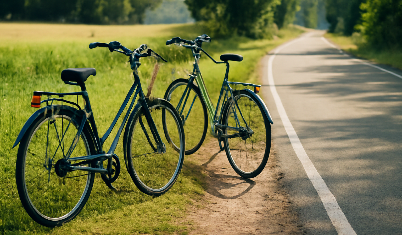 deux vélos posés sur chemin et route