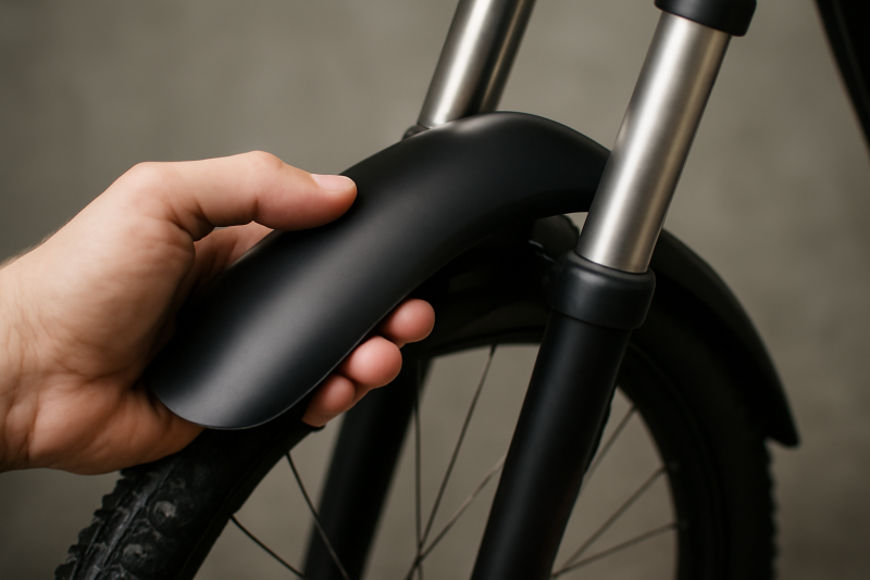 main fixant un garde-boue sur fourche