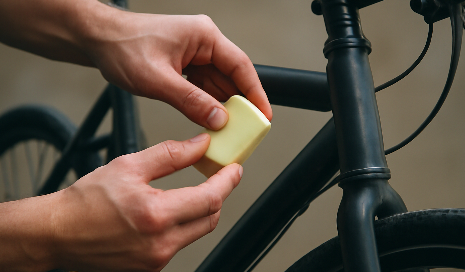 mains appliquant cire sur cadre de vélo