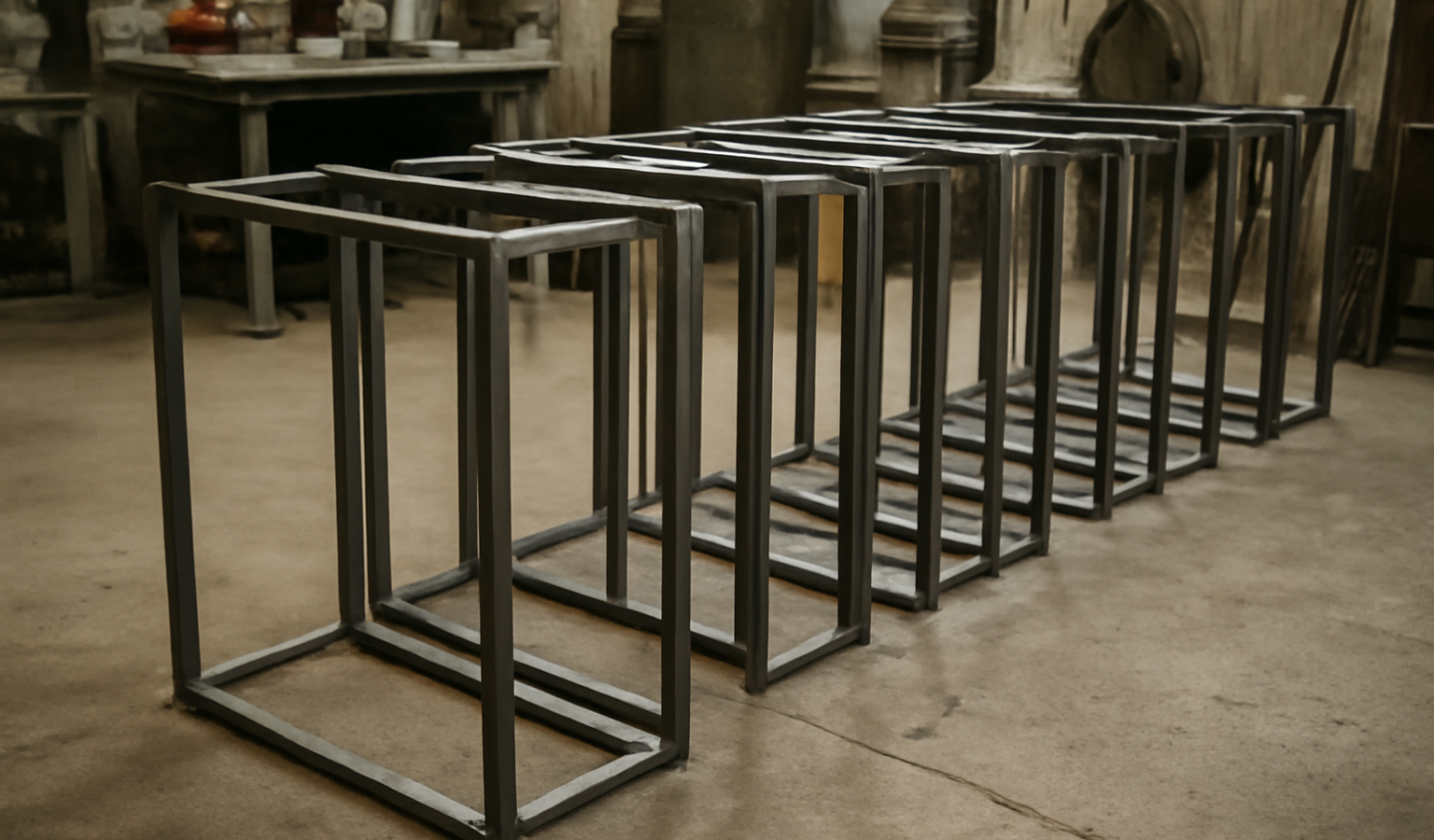atelier présentant plusieurs cadres métalliques alignés