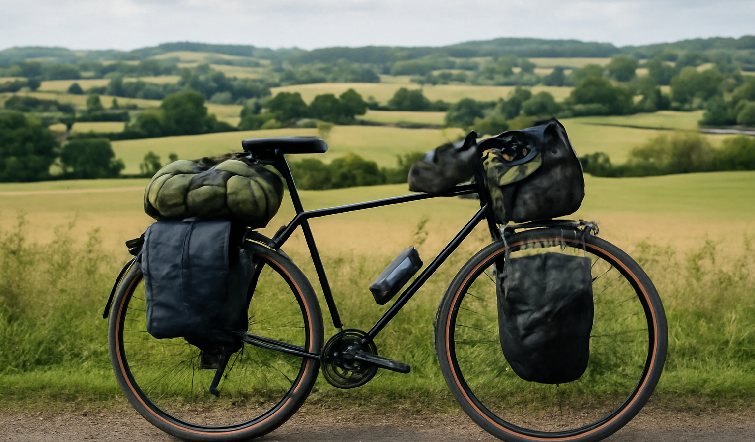 vélo chargé devant paysage rural
