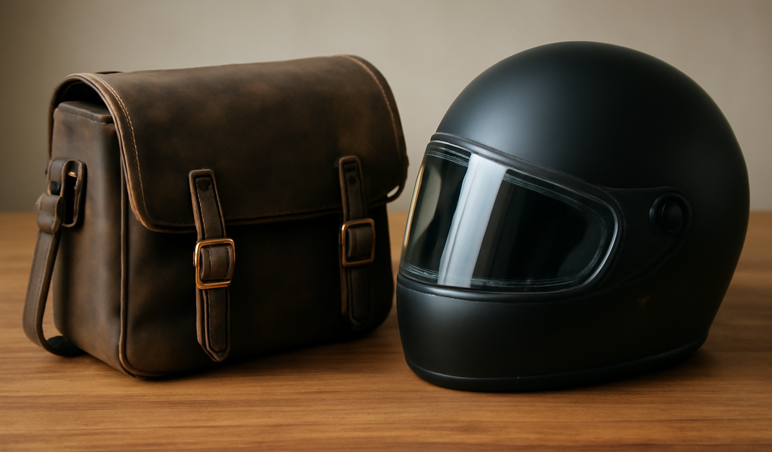 sacoche de selle et casque sur table
