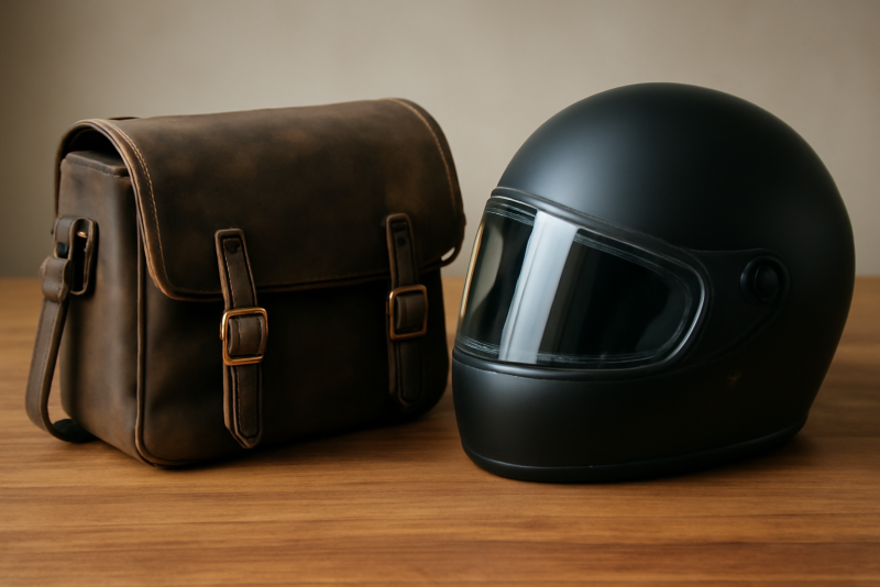 sacoche de selle et casque sur table
