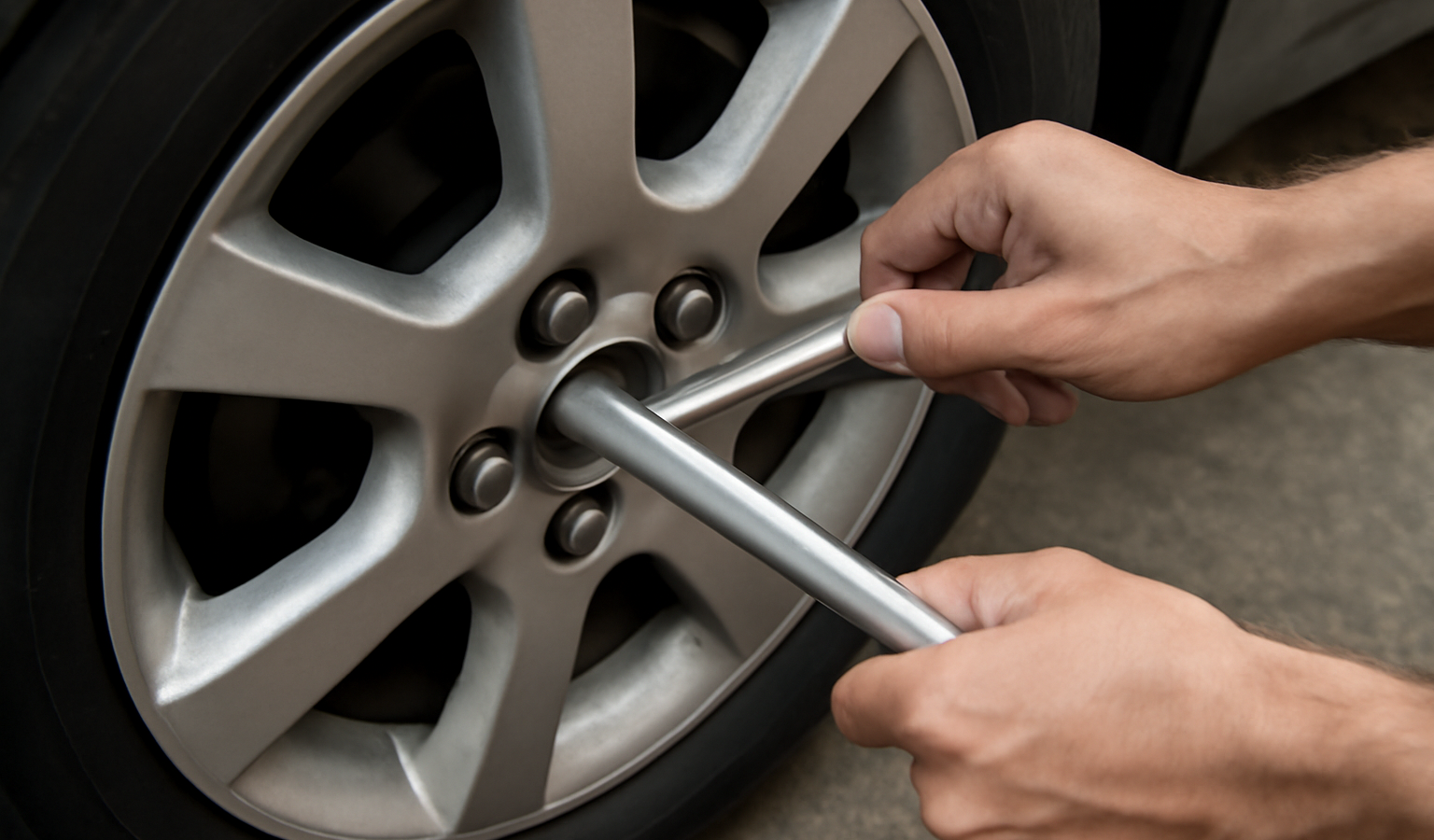 mains utilisant clé sur écrou de roue