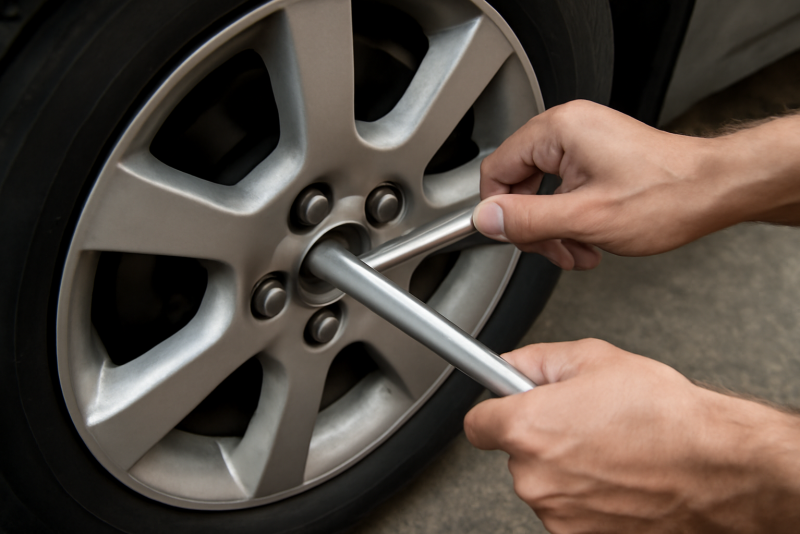 mains utilisant clé sur écrou de roue