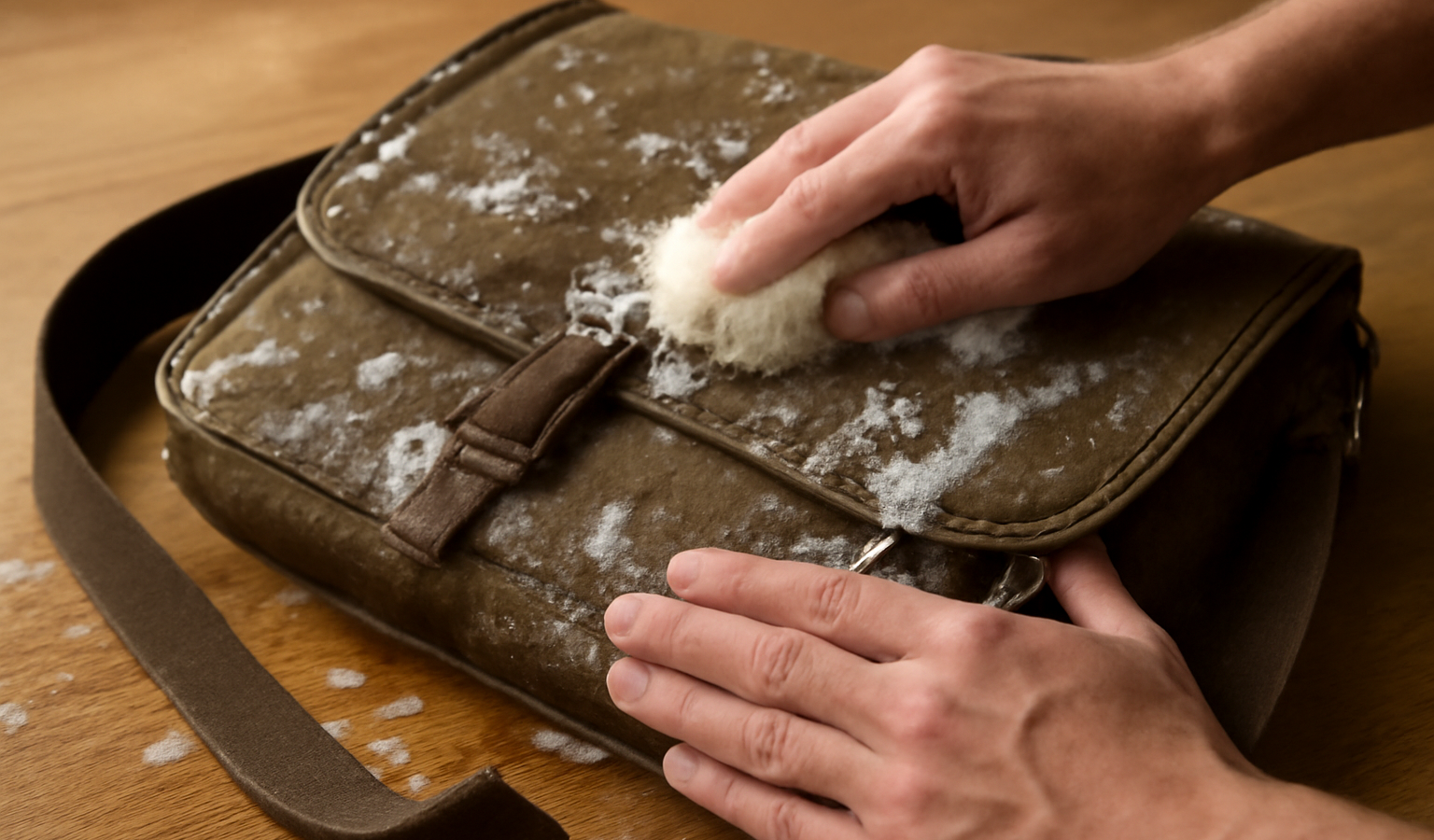 mains lavant une sacoche sur une table
