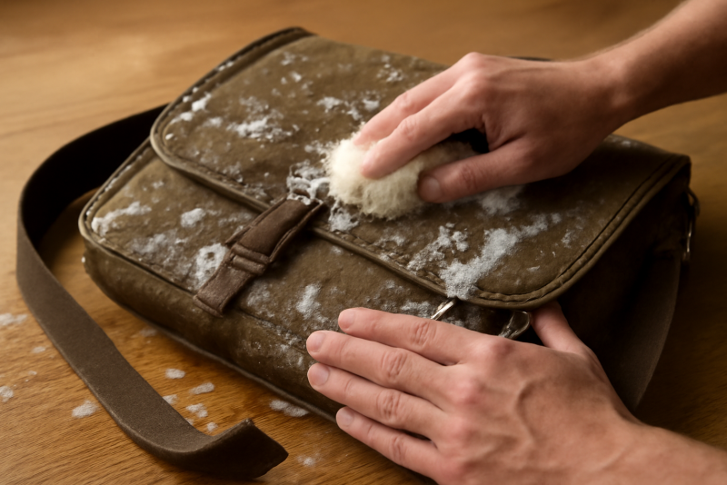 mains lavant une sacoche sur une table