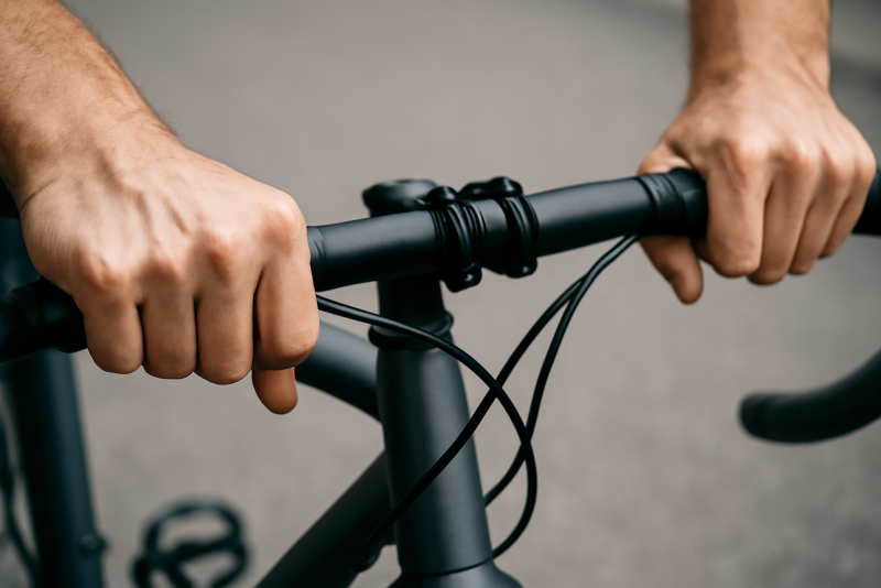 mains contrôlant tête de direction sur vélo