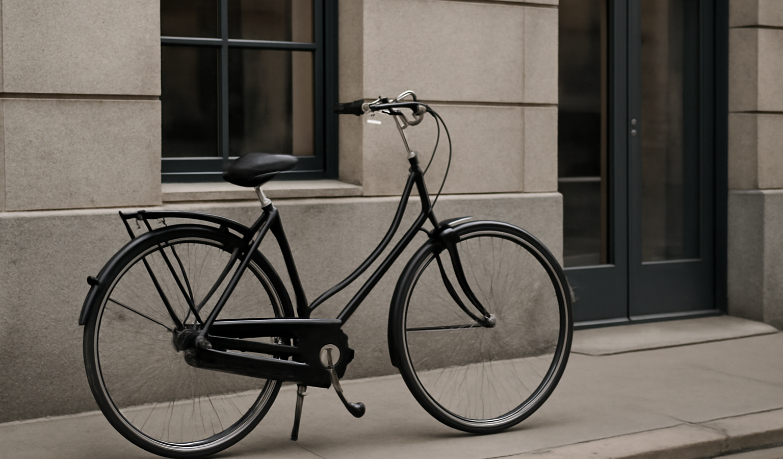 vélo de ville posé devant immeuble urbain