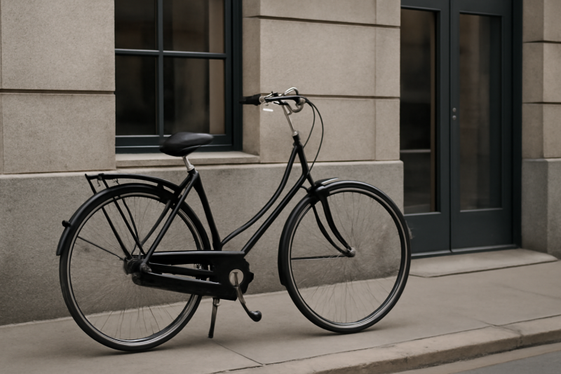 vélo de ville posé devant immeuble urbain