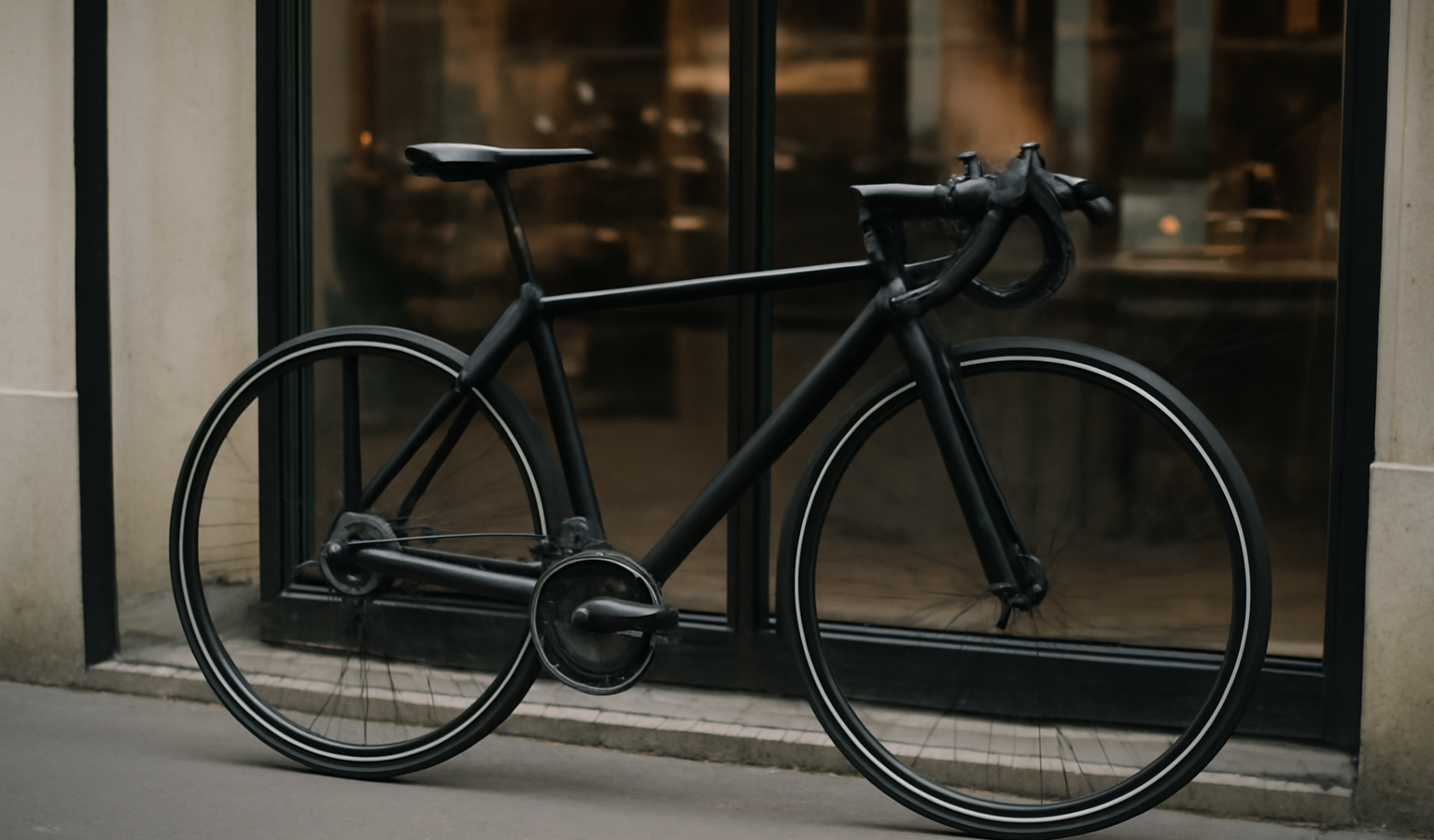vélo de route posé devant une vitrine