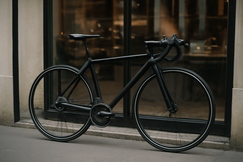 vélo de route posé devant une vitrine