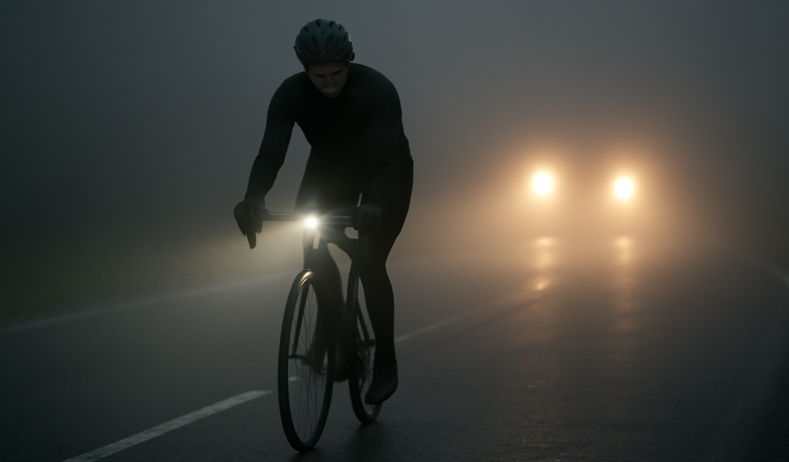 cycliste avec lumières sur route brumeuse