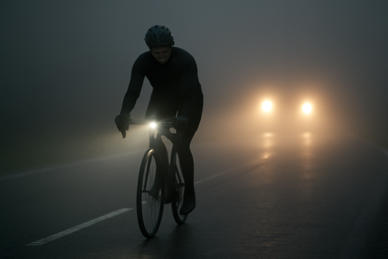 cycliste avec lumières sur route brumeuse