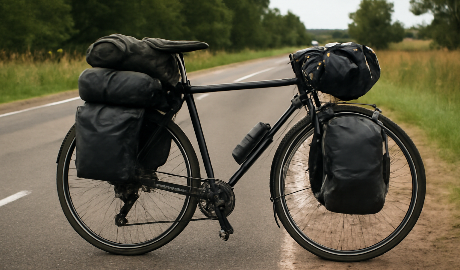 vélo chargé posé au bord d'une route