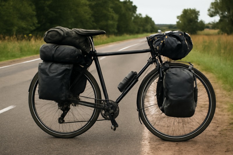 vélo chargé posé au bord d'une route