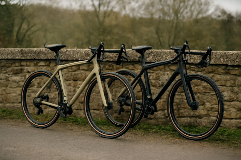 deux vélos gravel appuyés sur muret