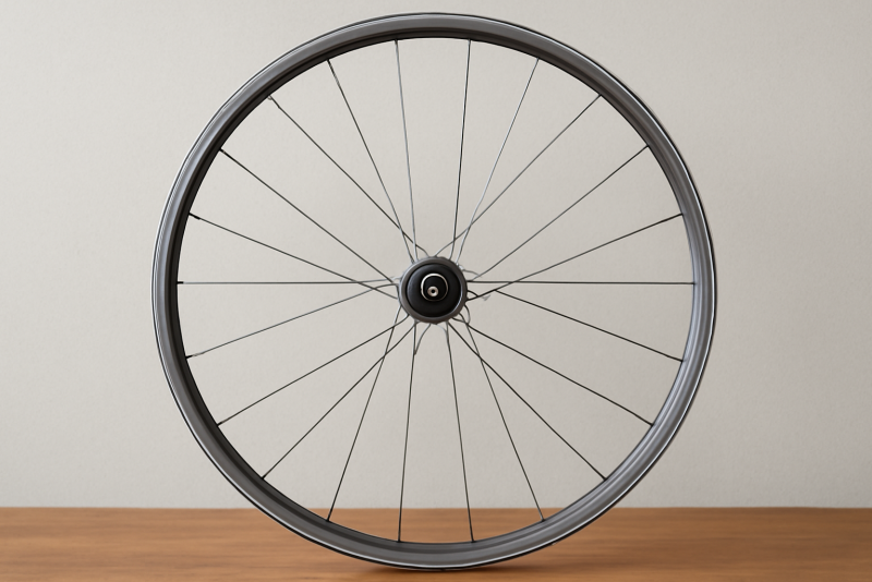 roue posée sur table avec rayon neuf