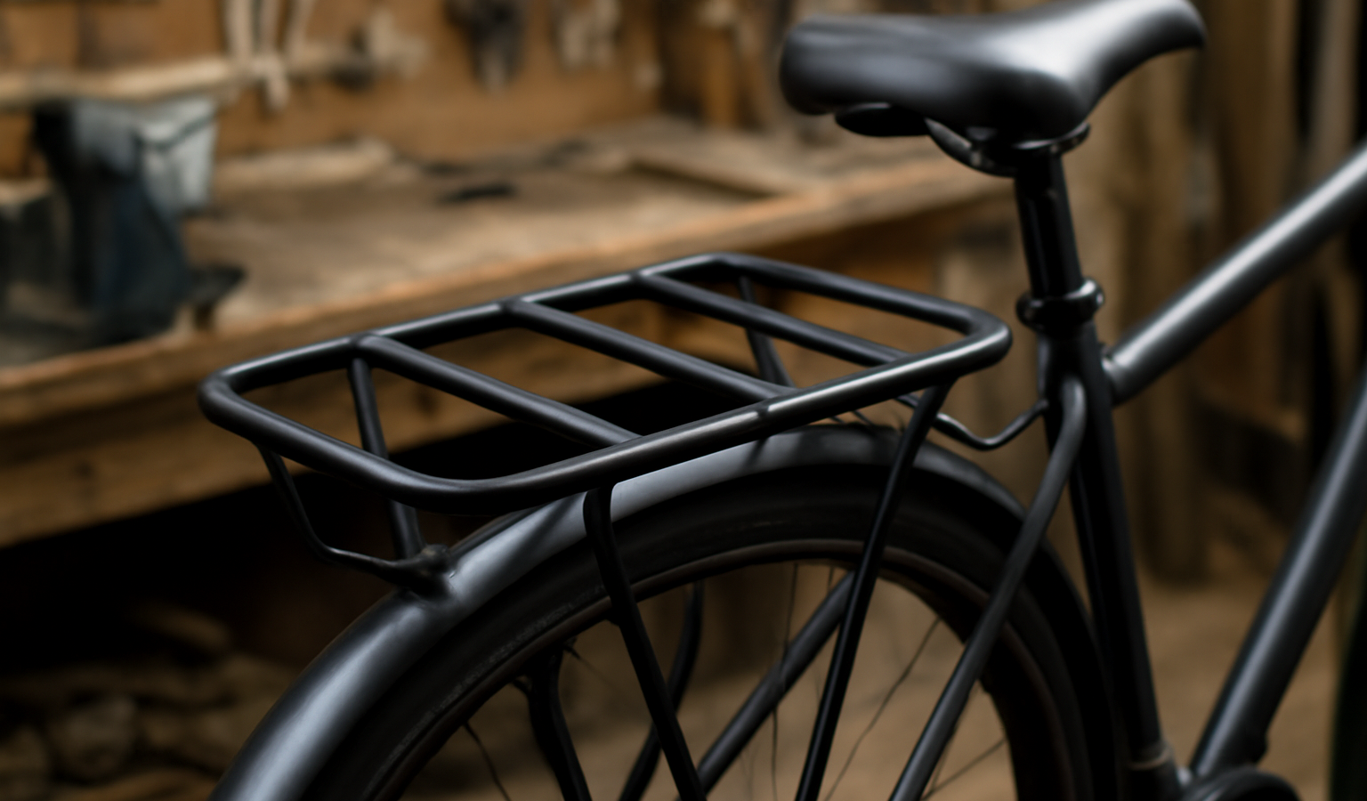 porte-bagages fixé sur vélo en atelier