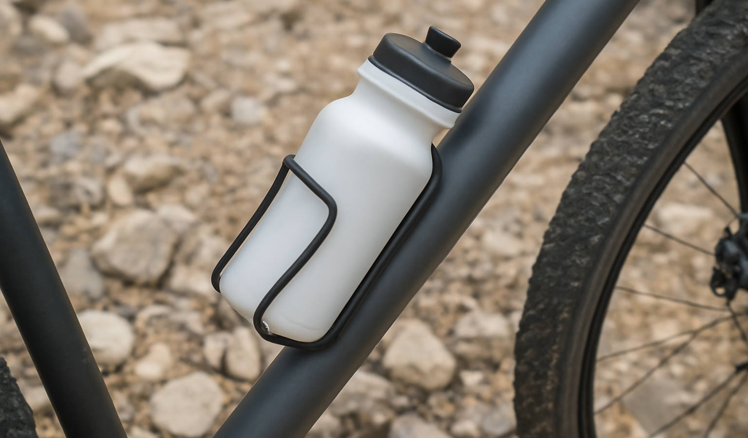 porte-bidon fixé sur downtube en terrain caillouteux