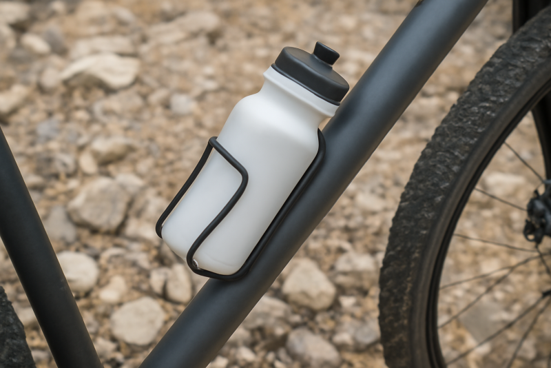 porte-bidon fixé sur downtube en terrain caillouteux