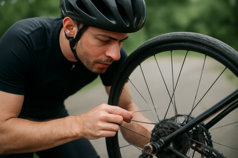 cycliste inspectant une roue avec rayon cassé