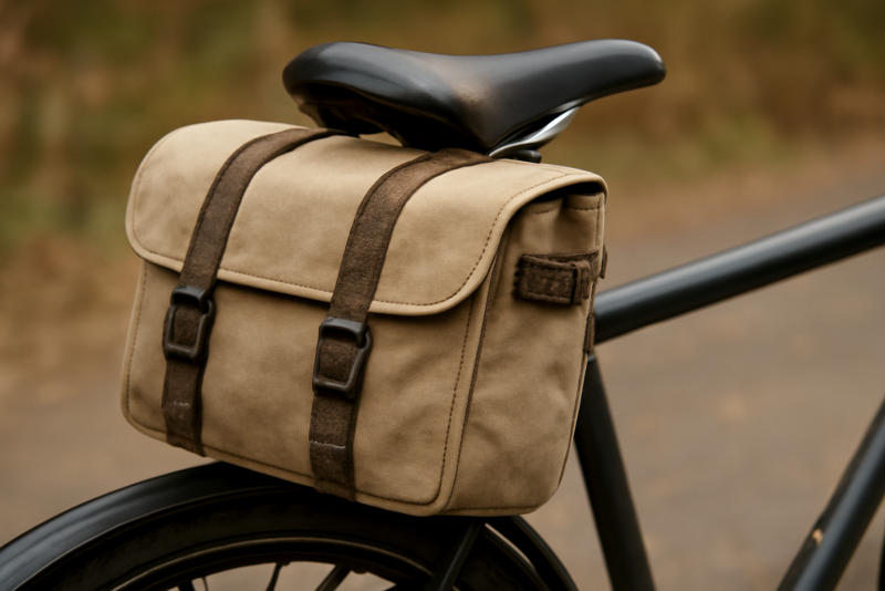 sacoche cyclotourisme en tissu posée sur selle