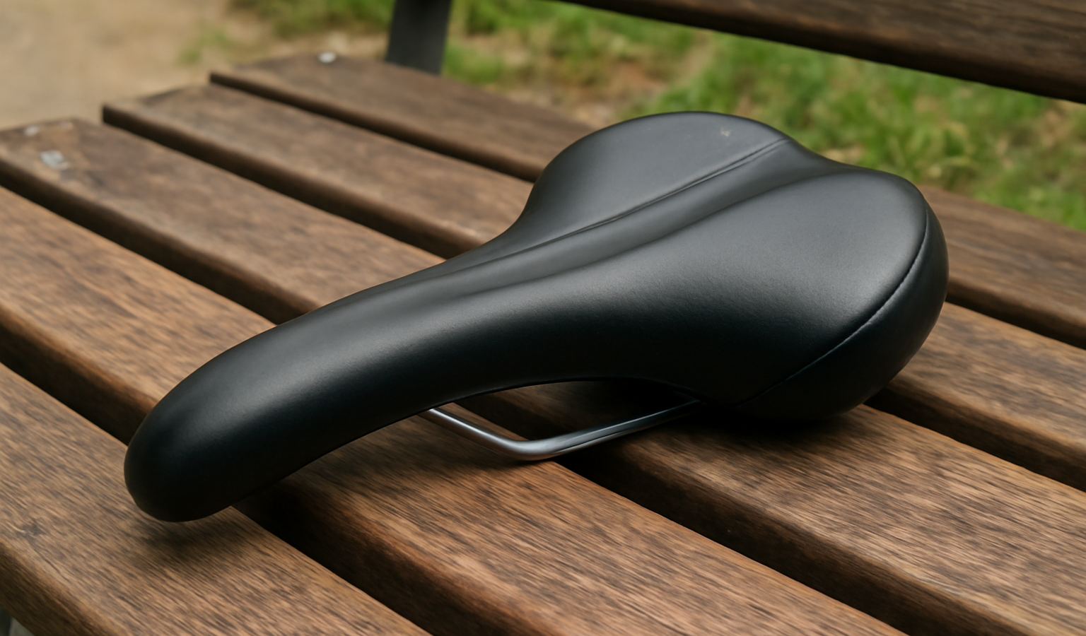 selle de vélo posée sur banc bois