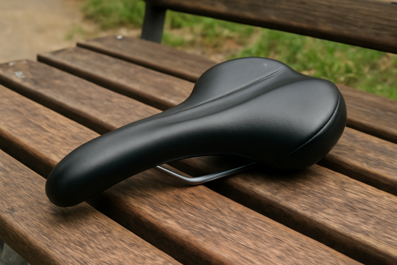 selle de vélo posée sur banc bois
