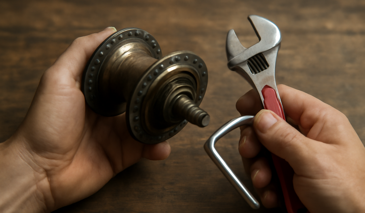 mains tenant un moyeu et outils