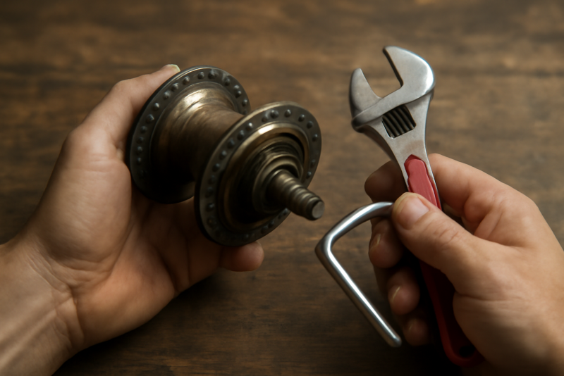 mains tenant un moyeu et outils